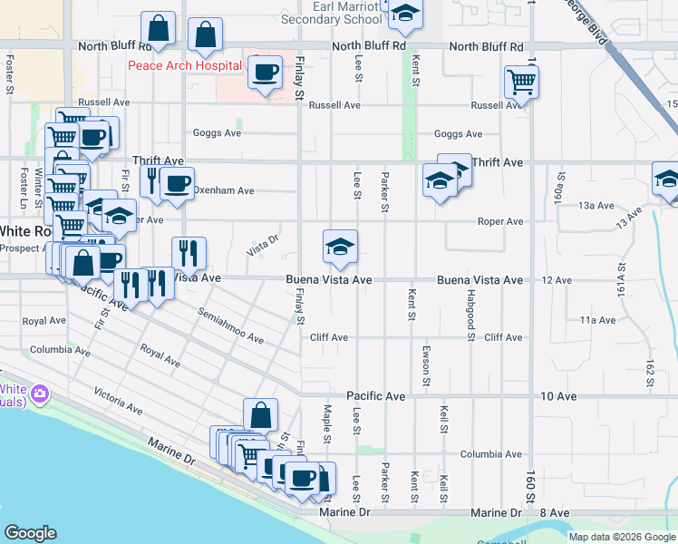 map of restaurants, bars, coffee shops, grocery stores, and more near 15663 Buena Vista Avenue in White Rock