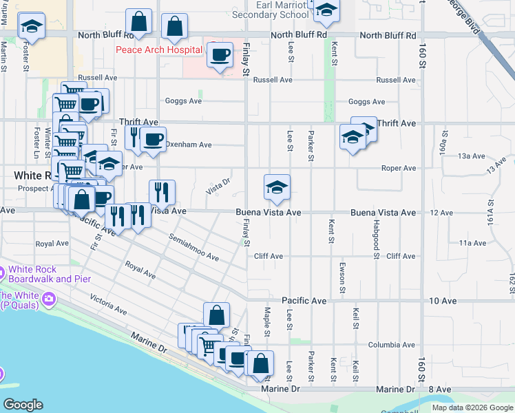 map of restaurants, bars, coffee shops, grocery stores, and more near 15627 Buena Vista Avenue in White Rock