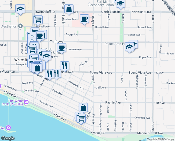 map of restaurants, bars, coffee shops, grocery stores, and more near 15555 Buena Vista Avenue in White Rock