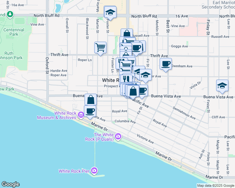 map of restaurants, bars, coffee shops, grocery stores, and more near 15151 Buena Vista Avenue in White Rock