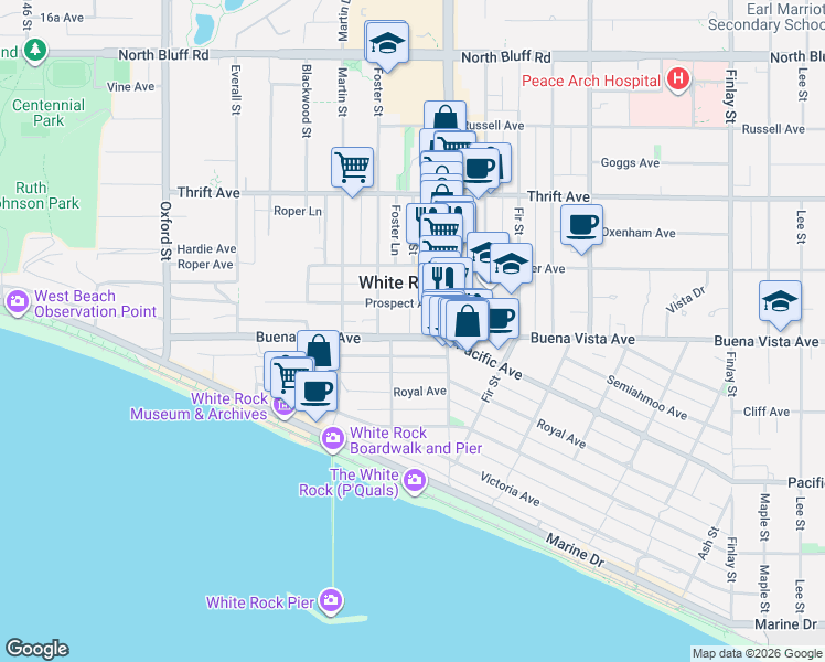 map of restaurants, bars, coffee shops, grocery stores, and more near 15151 Buena Vista Avenue in White Rock
