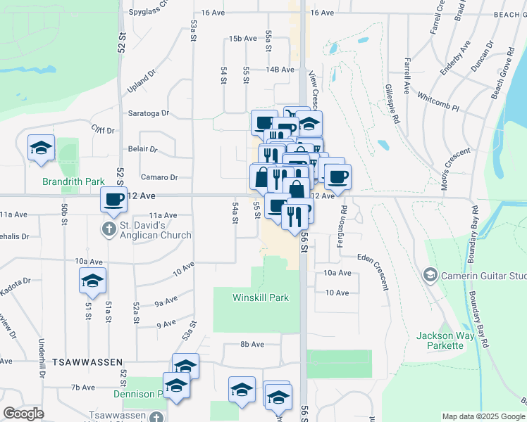 map of restaurants, bars, coffee shops, grocery stores, and more near 1140 55 Street in Delta