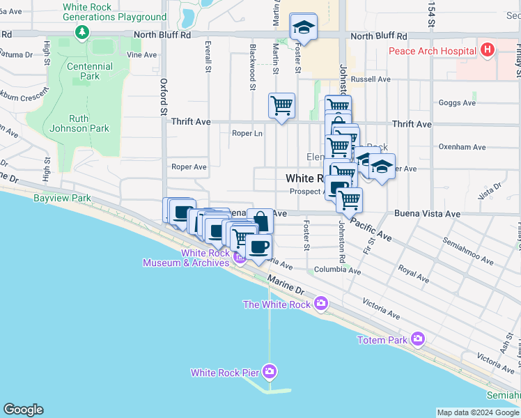 map of restaurants, bars, coffee shops, grocery stores, and more near 15021 Buena Vista Avenue in White Rock