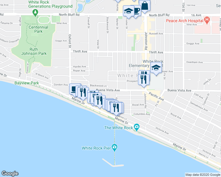 map of restaurants, bars, coffee shops, grocery stores, and more near 15021 Buena Vista Avenue in White Rock