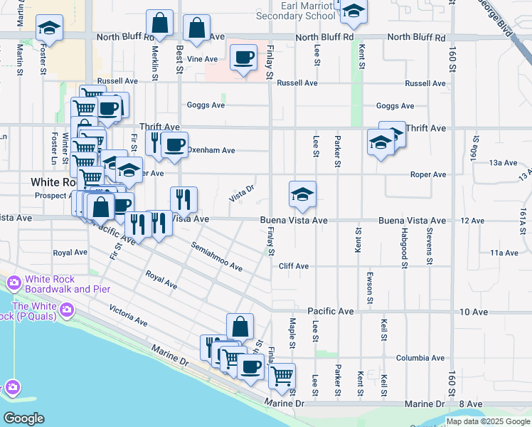 map of restaurants, bars, coffee shops, grocery stores, and more near 1203 Finlay Street in White Rock