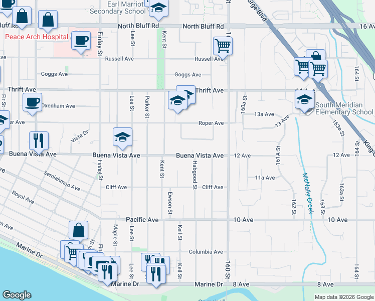 map of restaurants, bars, coffee shops, grocery stores, and more near 15886 Prospect Crescent in White Rock