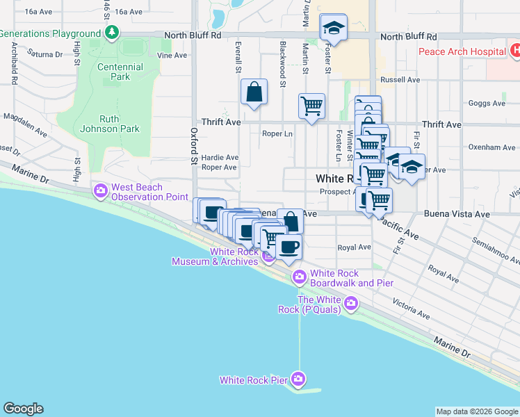 map of restaurants, bars, coffee shops, grocery stores, and more near 14947 Buena Vista Avenue in White Rock