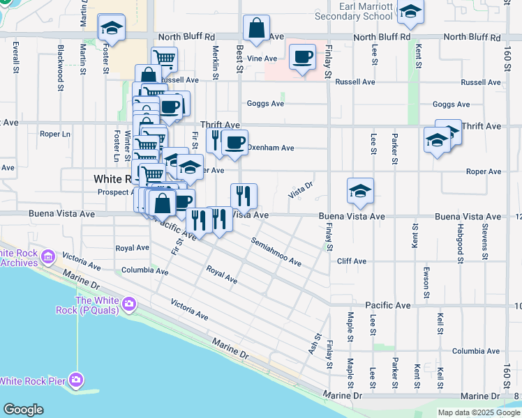 map of restaurants, bars, coffee shops, grocery stores, and more near 15453 Buena Vista Avenue in White Rock