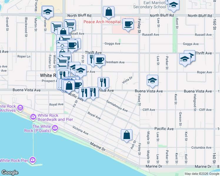 map of restaurants, bars, coffee shops, grocery stores, and more near 15453 Buena Vista Avenue in White Rock