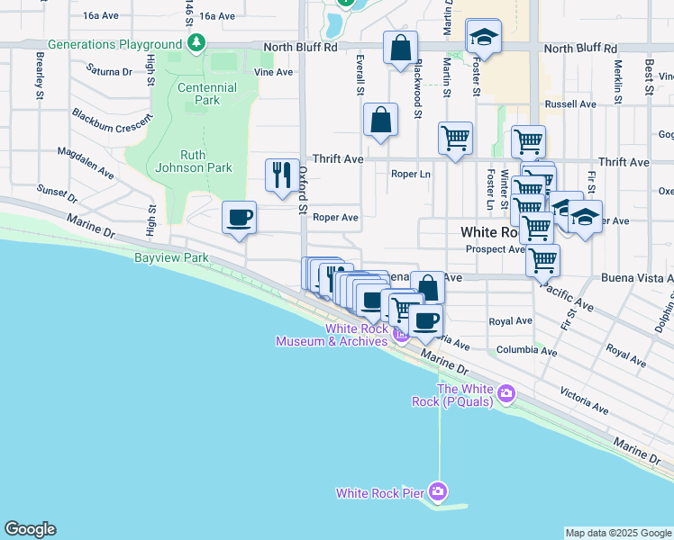 map of restaurants, bars, coffee shops, grocery stores, and more near 14857 Buena Vista Avenue in White Rock