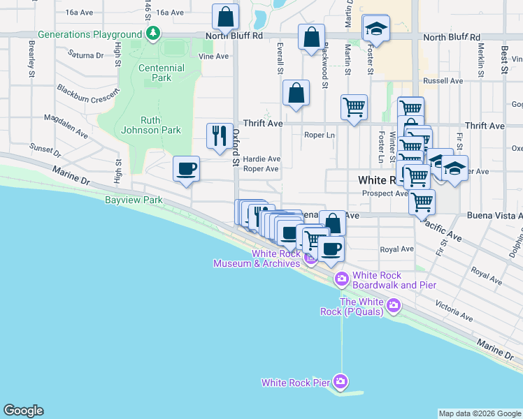 map of restaurants, bars, coffee shops, grocery stores, and more near 14857 Buena Vista Avenue in White Rock