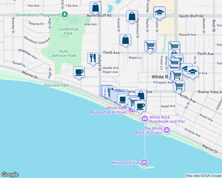 map of restaurants, bars, coffee shops, grocery stores, and more near 14857 Buena Vista Avenue in White Rock