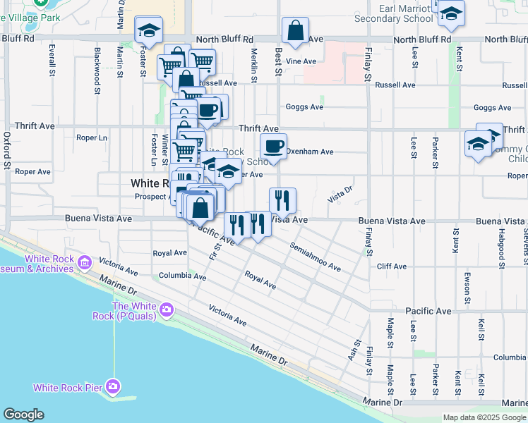 map of restaurants, bars, coffee shops, grocery stores, and more near in White Rock