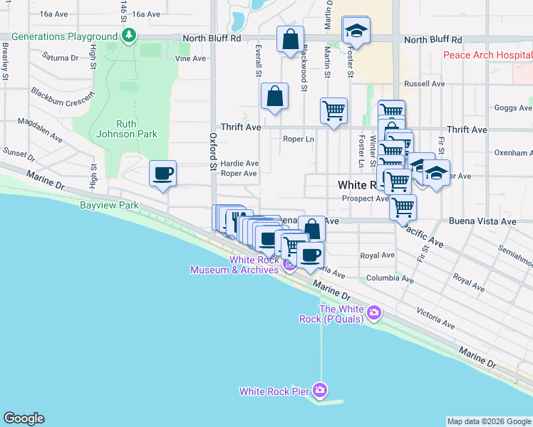 map of restaurants, bars, coffee shops, grocery stores, and more near 1216 Everall Street in White Rock