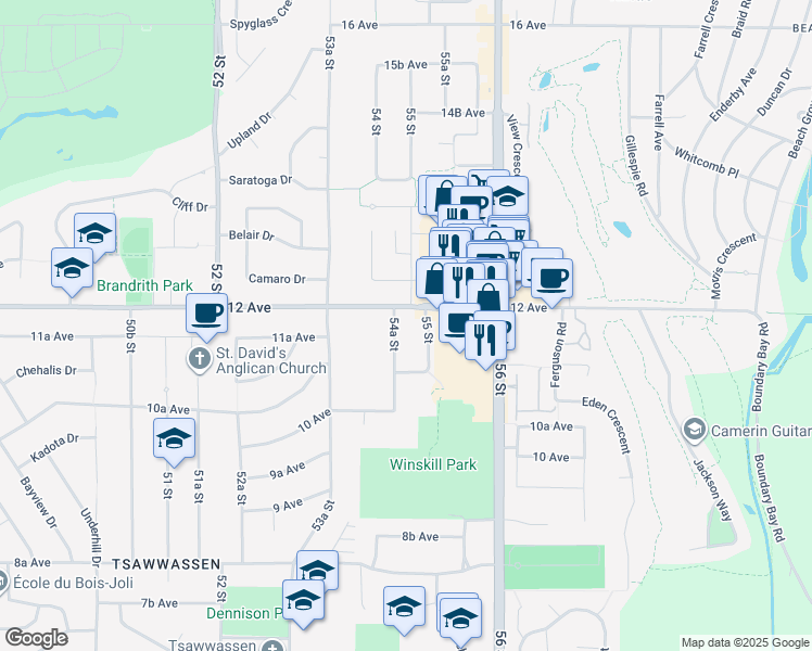 map of restaurants, bars, coffee shops, grocery stores, and more near 1166 54A Street in Delta