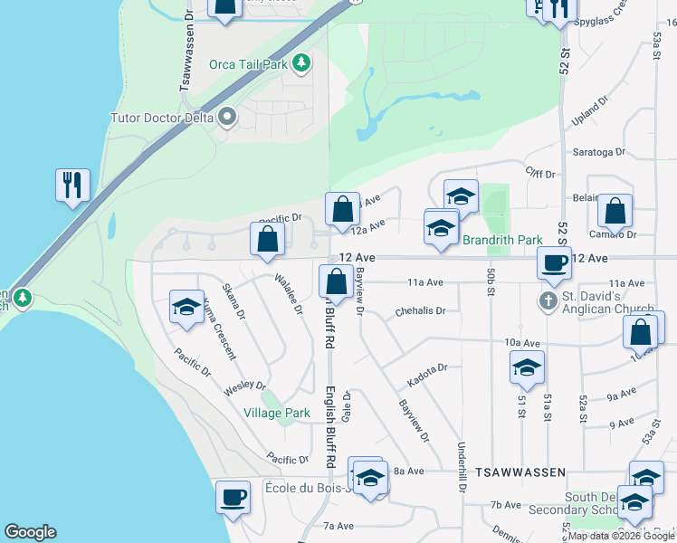 map of restaurants, bars, coffee shops, grocery stores, and more near 1176 English Bluff Road in Delta