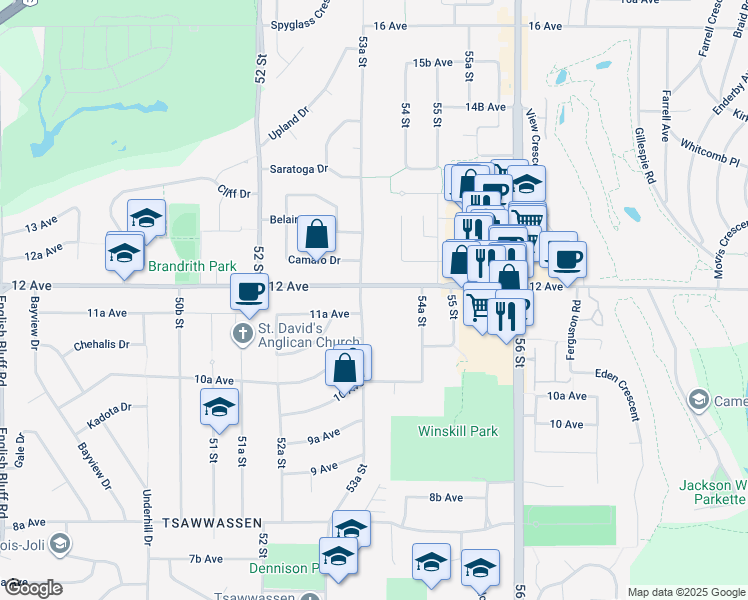 map of restaurants, bars, coffee shops, grocery stores, and more near 5360 12 Avenue in Delta