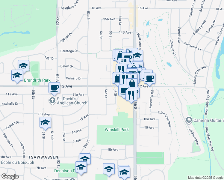 map of restaurants, bars, coffee shops, grocery stores, and more near 1175 55 Street in Delta