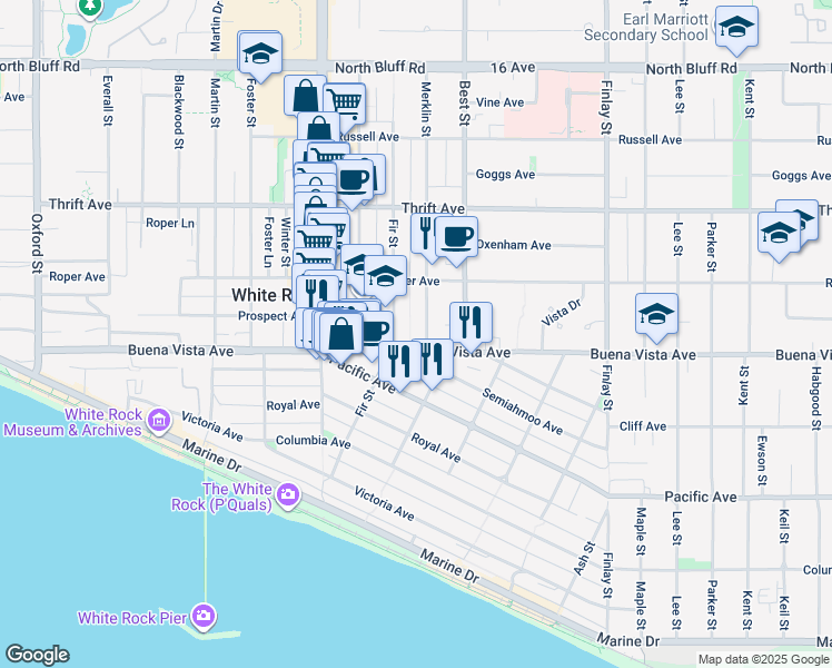 map of restaurants, bars, coffee shops, grocery stores, and more near 1225 Merklin Street in White Rock