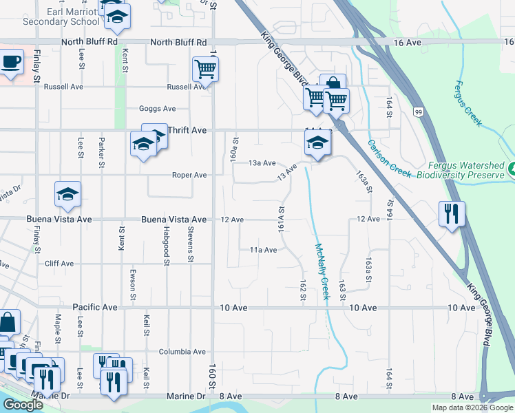 map of restaurants, bars, coffee shops, grocery stores, and more near 16110 12A Avenue in Surrey