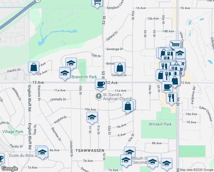 map of restaurants, bars, coffee shops, grocery stores, and more near 5214 12 Avenue in Delta
