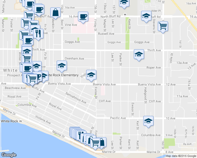 map of restaurants, bars, coffee shops, grocery stores, and more near 1228 Finlay Street in White Rock