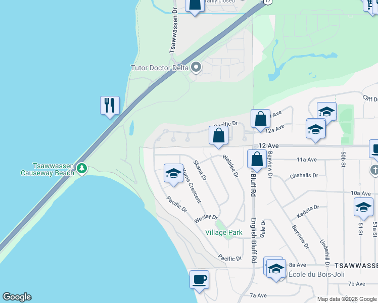 map of restaurants, bars, coffee shops, grocery stores, and more near 1146 Skana Drive in Delta