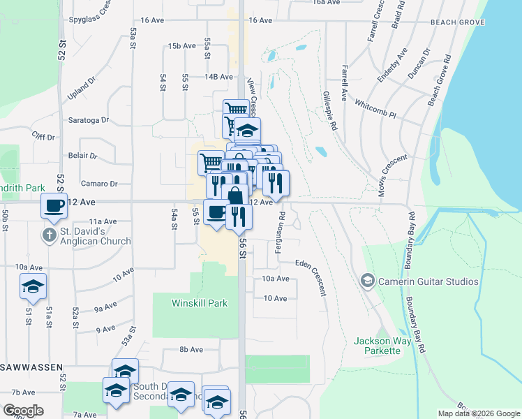 map of restaurants, bars, coffee shops, grocery stores, and more near 5632 12 Avenue in Delta