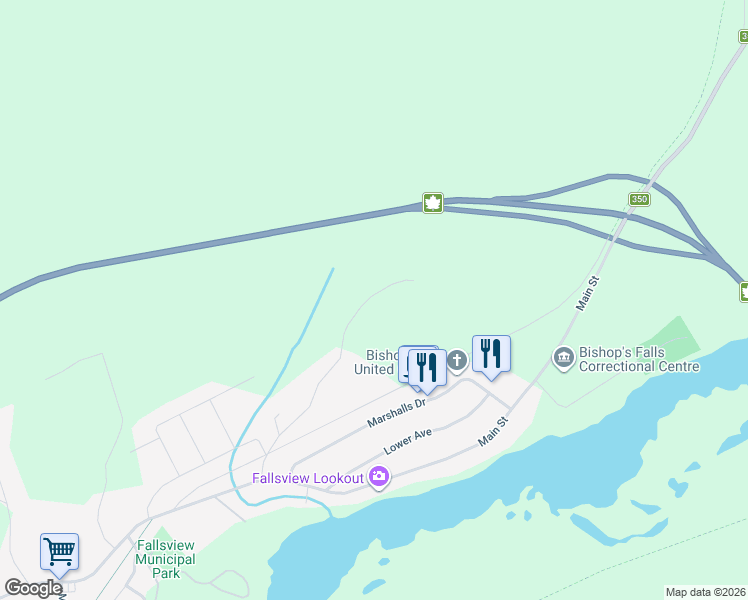 map of restaurants, bars, coffee shops, grocery stores, and more near 45 Country Road in Bishop's Falls