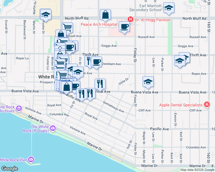 map of restaurants, bars, coffee shops, grocery stores, and more near 15441 Buena Vista Avenue in White Rock