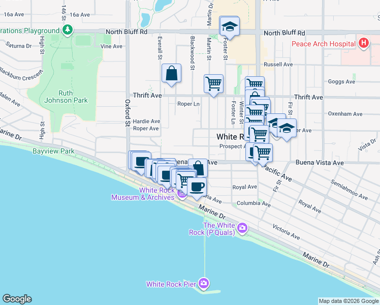 map of restaurants, bars, coffee shops, grocery stores, and more near 14999 Blackwood Lane in White Rock