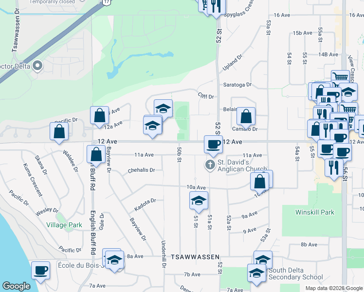 map of restaurants, bars, coffee shops, grocery stores, and more near 5086 12 Avenue in Delta