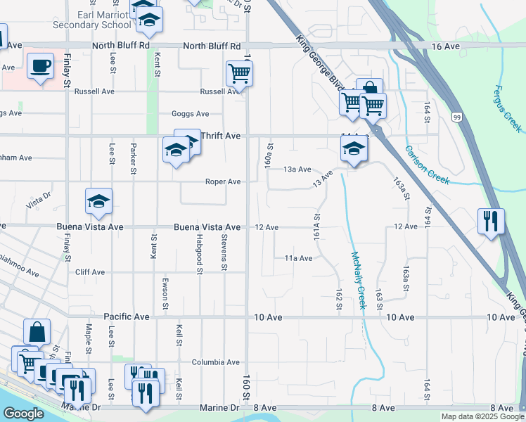 map of restaurants, bars, coffee shops, grocery stores, and more near 1245 160A Street in Surrey