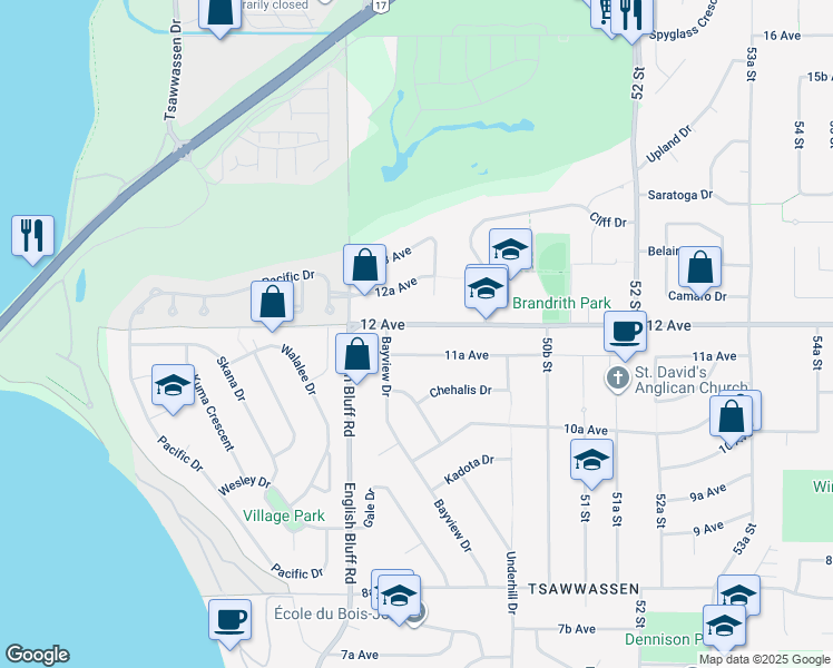 map of restaurants, bars, coffee shops, grocery stores, and more near 4896 12 Avenue in Delta