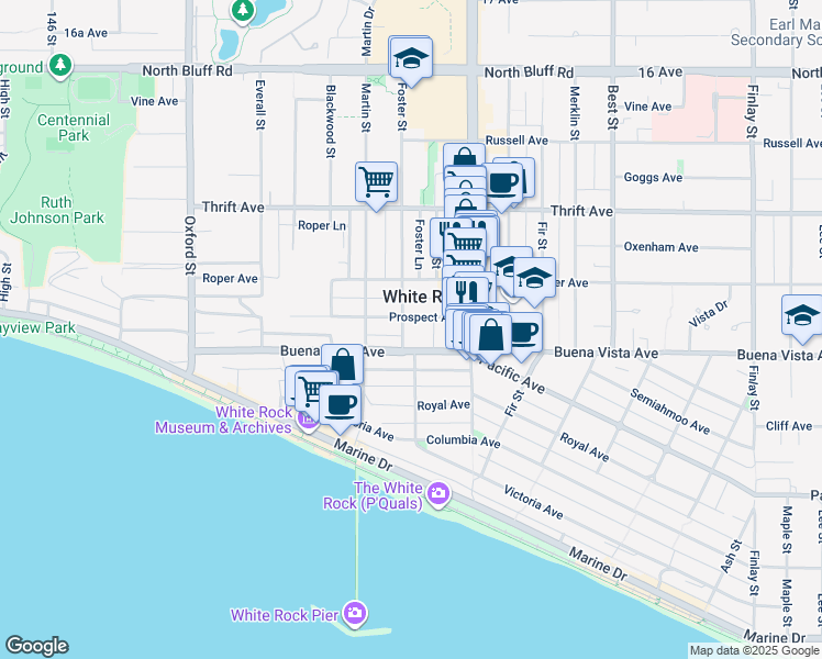 map of restaurants, bars, coffee shops, grocery stores, and more near 1232 Foster Street in White Rock