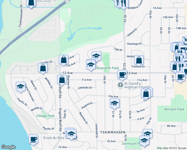 map of restaurants, bars, coffee shops, grocery stores, and more near 5014 12 Avenue in Delta