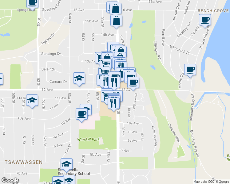 map of restaurants, bars, coffee shops, grocery stores, and more near 1189 56 Street in Delta