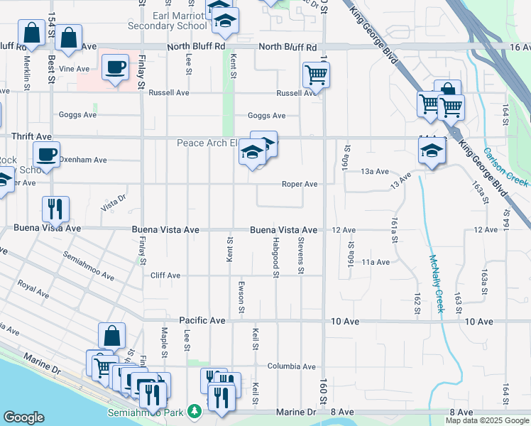 map of restaurants, bars, coffee shops, grocery stores, and more near 15880 Prospect Crescent in White Rock