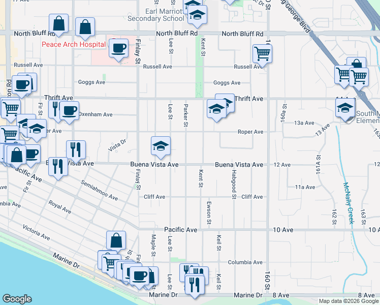 map of restaurants, bars, coffee shops, grocery stores, and more near 1232 Parker Street in White Rock
