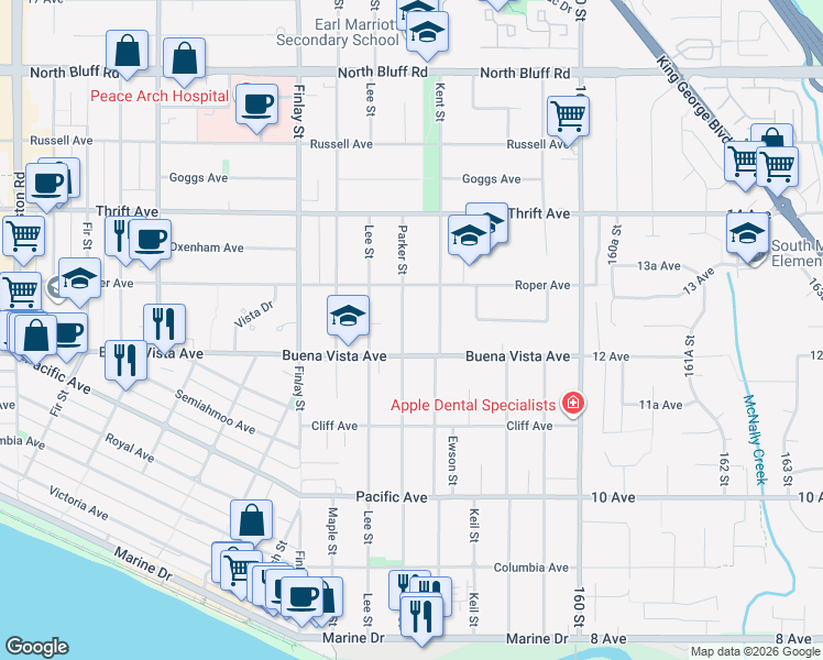 map of restaurants, bars, coffee shops, grocery stores, and more near 1232 Parker Street in White Rock