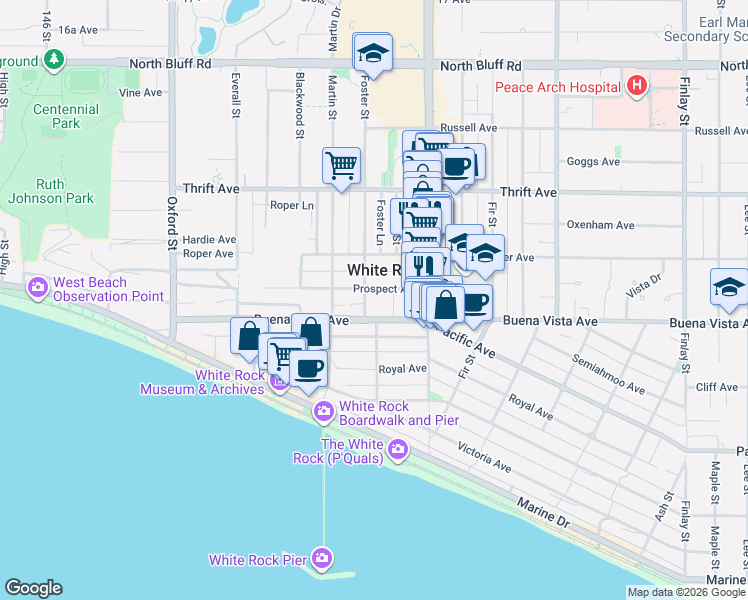 map of restaurants, bars, coffee shops, grocery stores, and more near 1232 Foster Street in White Rock