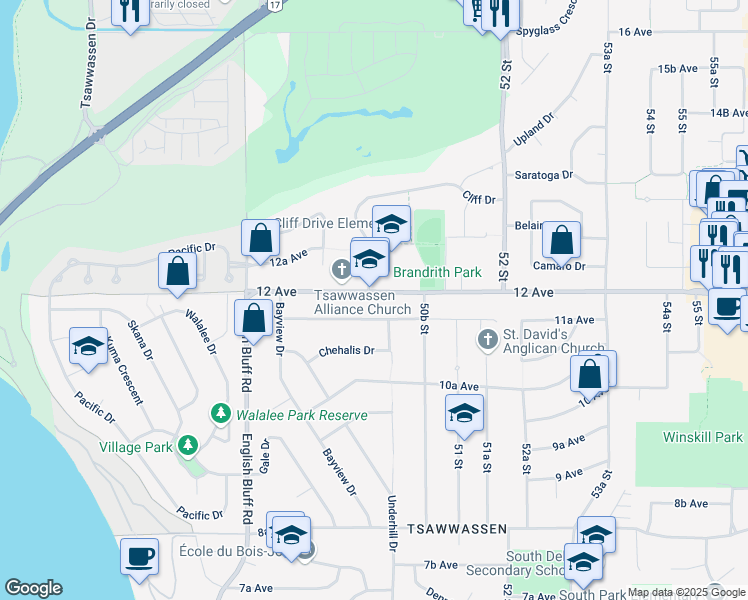 map of restaurants, bars, coffee shops, grocery stores, and more near 5004 12 Avenue in Delta