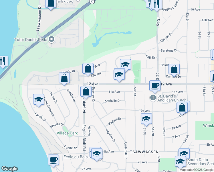 map of restaurants, bars, coffee shops, grocery stores, and more near 4934 12 Avenue in Delta