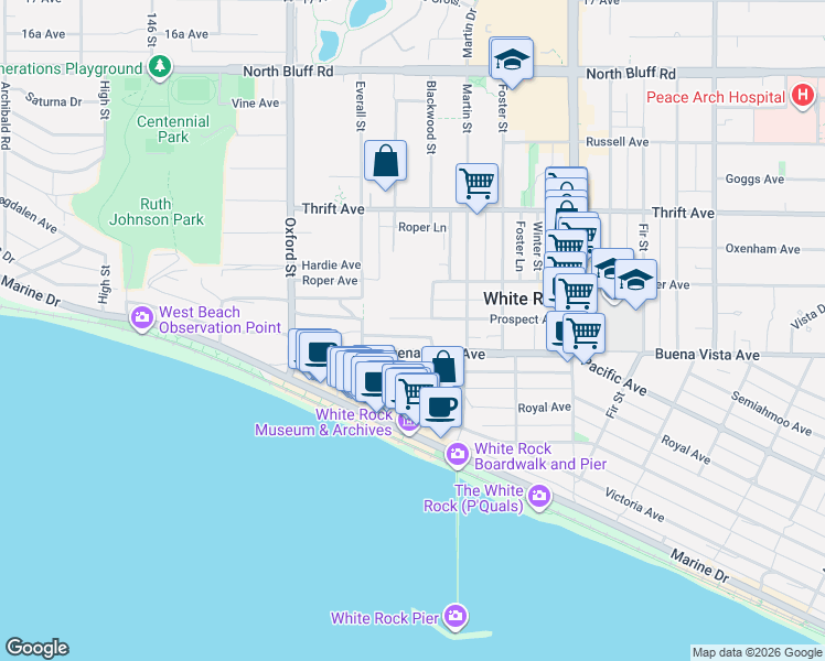map of restaurants, bars, coffee shops, grocery stores, and more near 14971 Blackwood Lane in White Rock