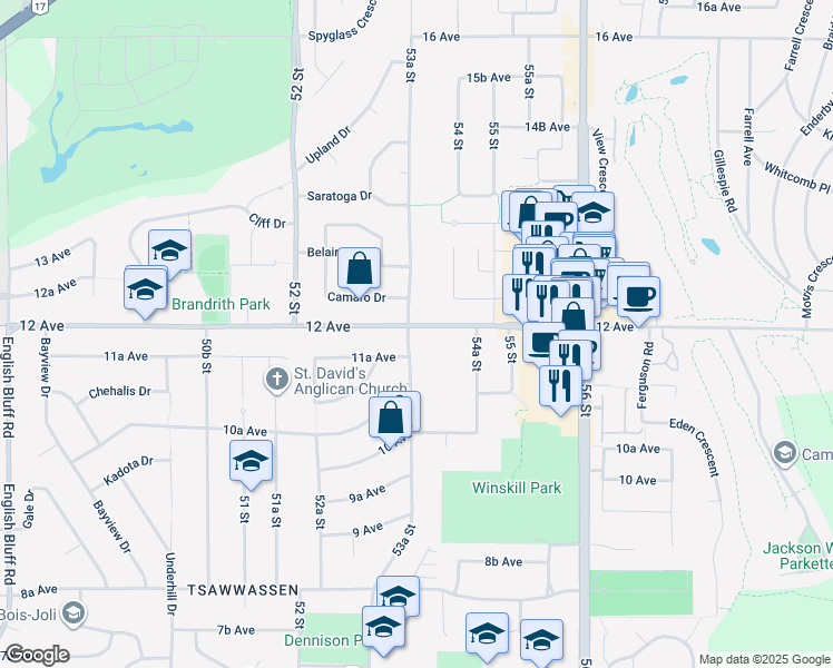 map of restaurants, bars, coffee shops, grocery stores, and more near 5360 12 Avenue in Delta