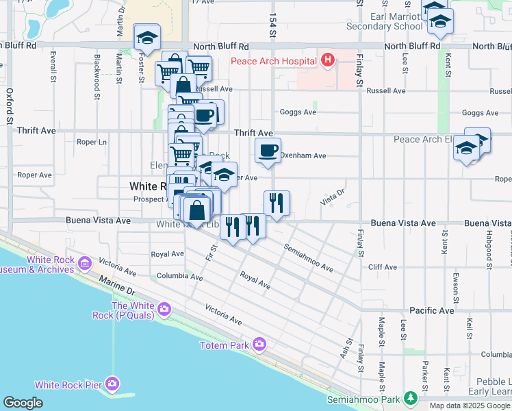map of restaurants, bars, coffee shops, grocery stores, and more near 1234 Merklin Street in White Rock