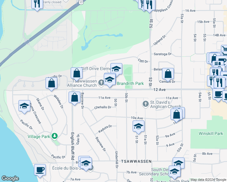map of restaurants, bars, coffee shops, grocery stores, and more near 5014 12 Avenue in Delta