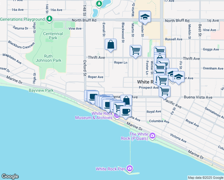 map of restaurants, bars, coffee shops, grocery stores, and more near 14941 Blackwood Lane in White Rock