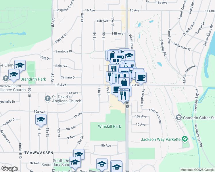 map of restaurants, bars, coffee shops, grocery stores, and more near 1172 55 Street in Delta