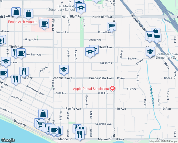 map of restaurants, bars, coffee shops, grocery stores, and more near 15836 Prospect Crescent in White Rock